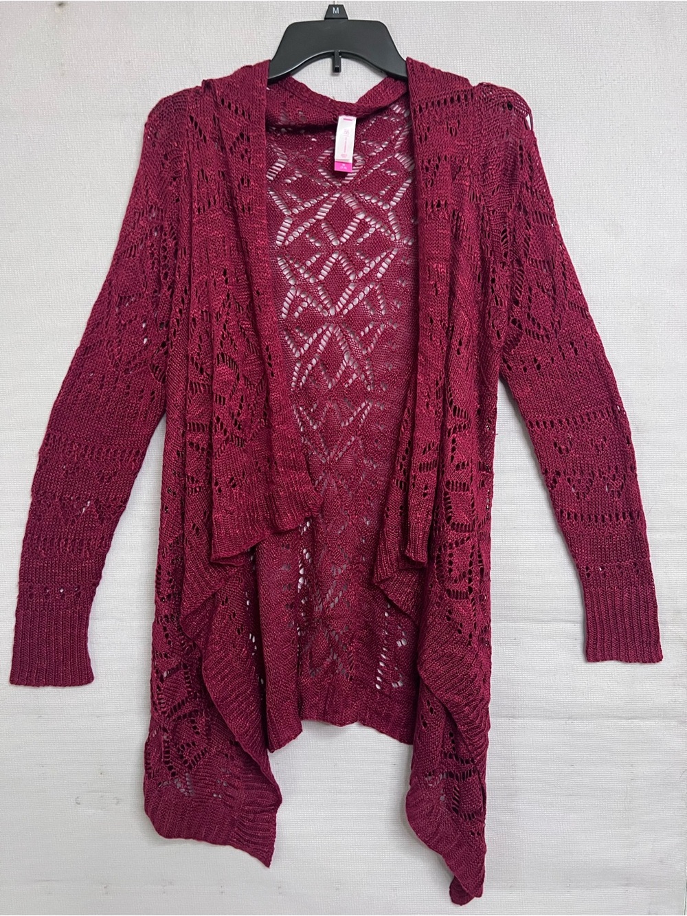 No Boundaries Open-Front Crochet Cardigan - Wine